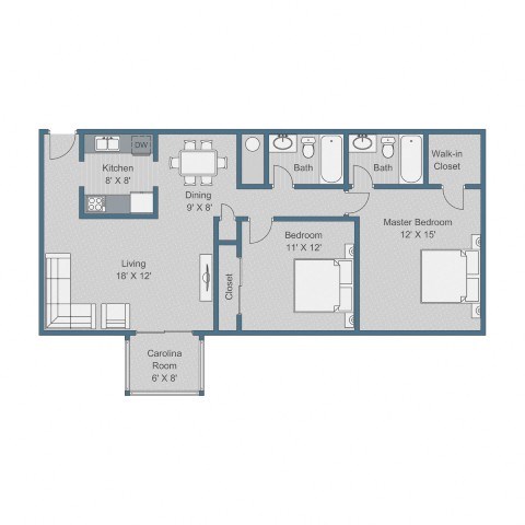 Floor plan for 2 beds, 2 baths, 1121 sqft